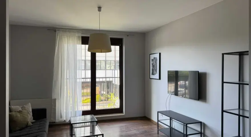 Nowoczesny salon z szarą kanapą, szklanymi stolikami i telewizorem. Widok z okna na zielony dziedziniec, idealne miejsce na relaks w śródmieście Wrocław.