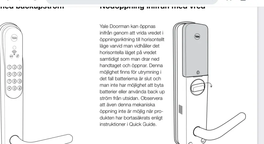 Illustration av Yale Doorman. Beskriver hur man öppnar dörren inifrån vid strömavbrott, och hur man kan byta batteri.