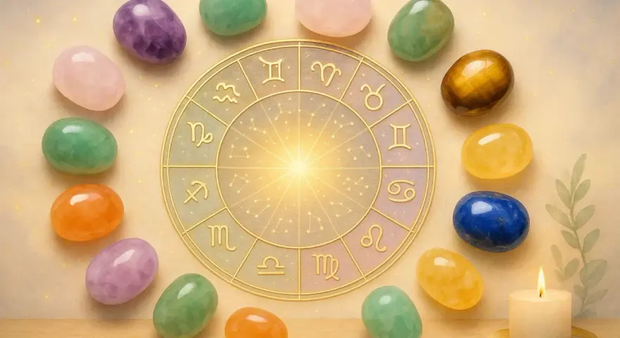 Cerchio zodiacale dorato circondato da pietre colorate, ognuna una pietra segno zodiacale, con una candela accesa.