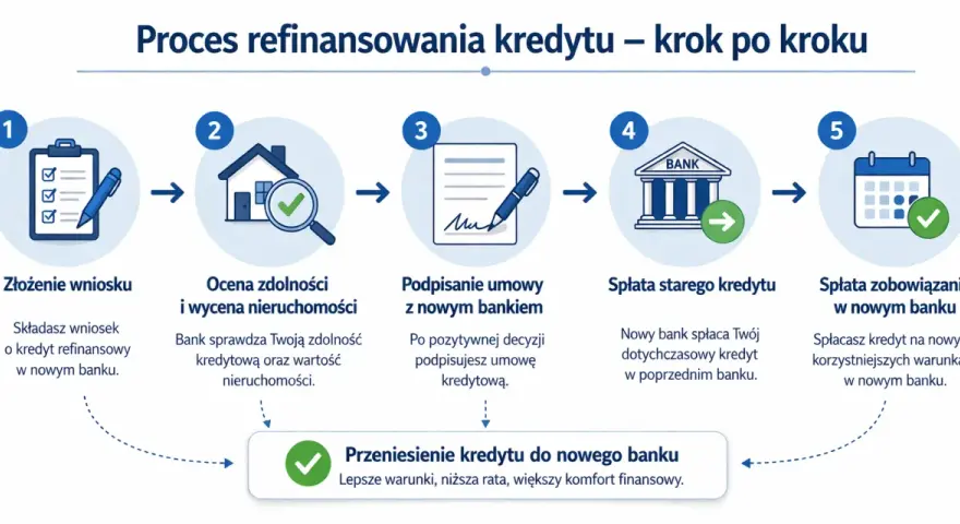 Proces przeniesienia kredytu hipotecznego: złożenie wniosku, ocena zdolności, podpisanie umowy, spłata starego kredytu i zobowiązania w nowym banku.