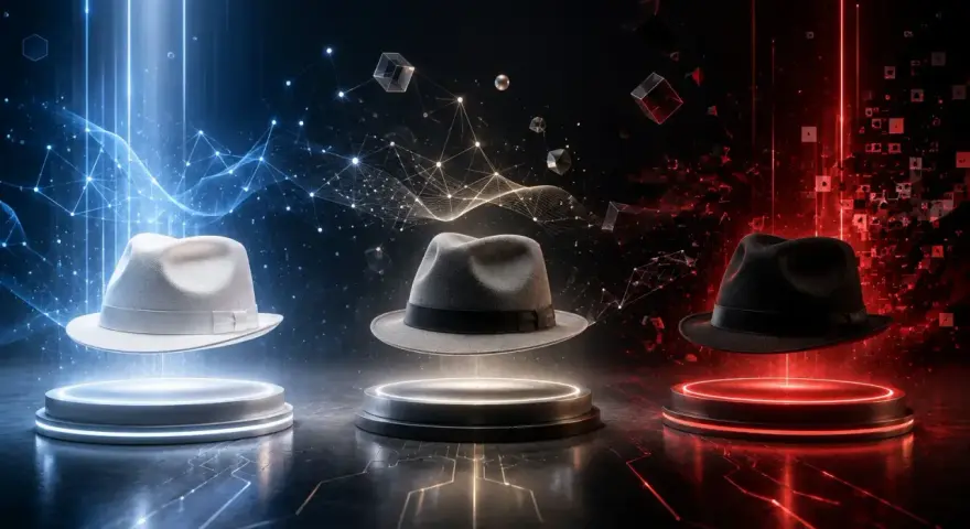Drei Hüte (weiß, grau, schwarz) schweben über Podesten, umgeben von digitalen Netzwerken und Würfeln. Symbolisiert die verschiedenen Strategien im **white hat seo**.