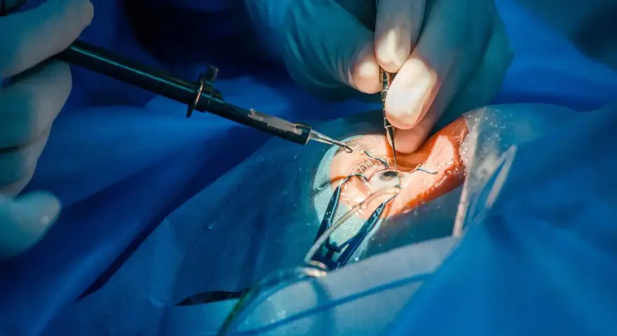 Dettaglio di un intervento glaucoma con tubicino, mani guantate usano strumenti chirurgici sull'occhio.
