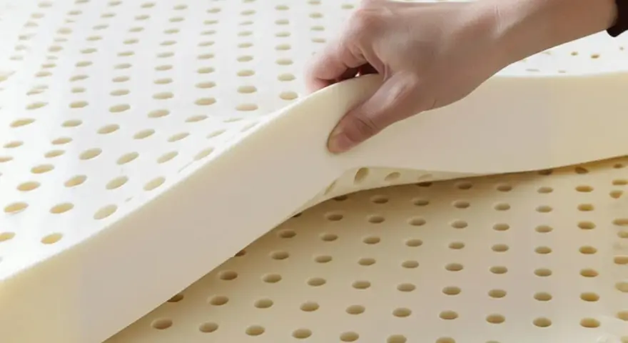 Une main soulève une couche de **latex matière** perforée, révélant sa texture aérée et souple.