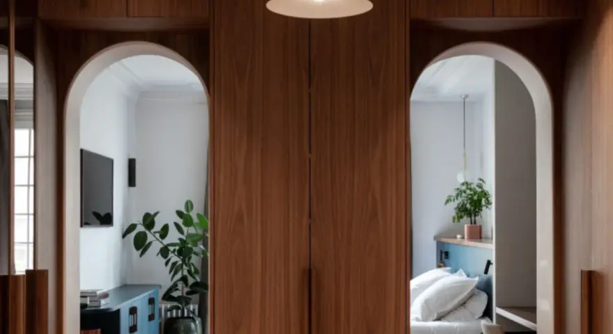 Deux arches arche maison en bois de noyer encadrent une chambre avec un lit blanc et un salon avec une télévision.