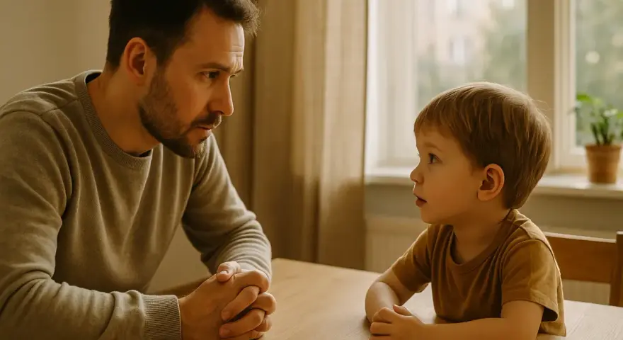 Ojciec poważnie rozmawia z synem przy stole. Chłopiec słucha uważnie, zastanawiając się, co to jest kłamstwo.
