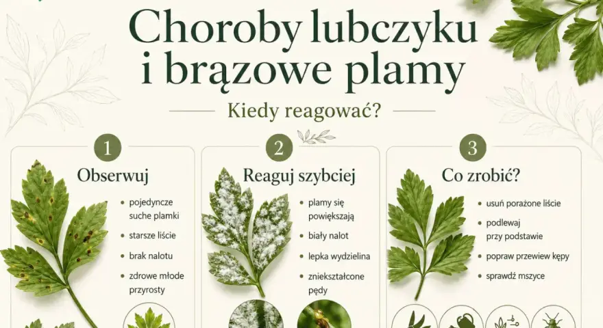 Choroby lubczyku: brązowe plamy, biały nalot, lepka wydzielina. Porady, jak reagować na choroby lubczyku i dbać o zdrowe rośliny.