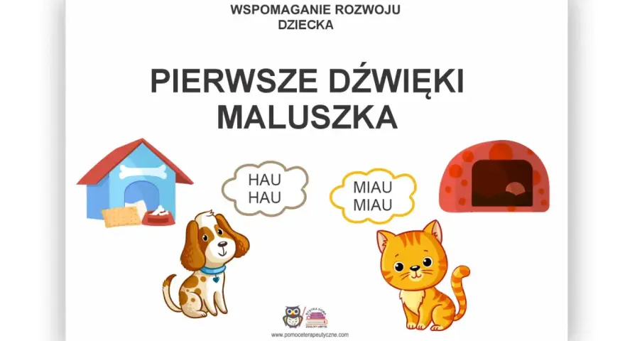 Książeczka "Pierwsze dźwięki maluszka" uczy dzieci odgłosów zwierząt. Dowiedz się, jak grać na drumli, naśladując psa i kota.