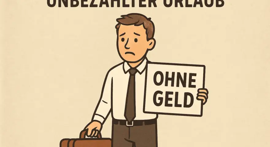 Trauriger Mann mit Koffer und Schild "OHNE GELD". Der Text darüber lautet "UNBEZAHLTER URLAUB". Er symbolisiert das Recht auf unbezahlten Urlaub, der aber ohne Geld nicht genossen werden kann.