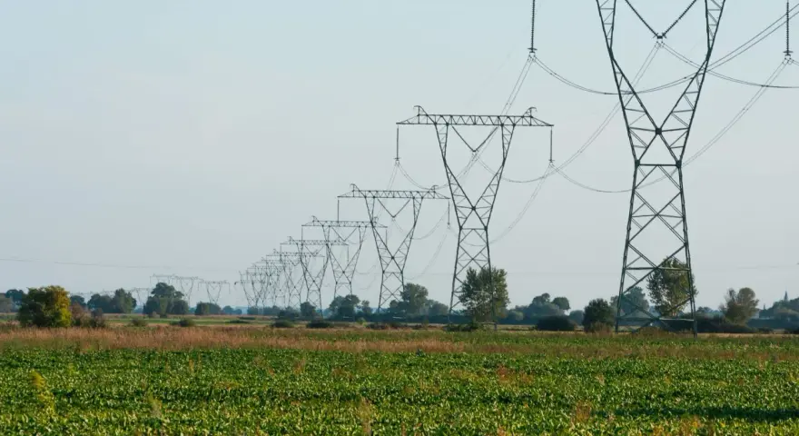 Długa linia napowietrzna ciągnie się przez zielone pole, tworząc imponujący widok.