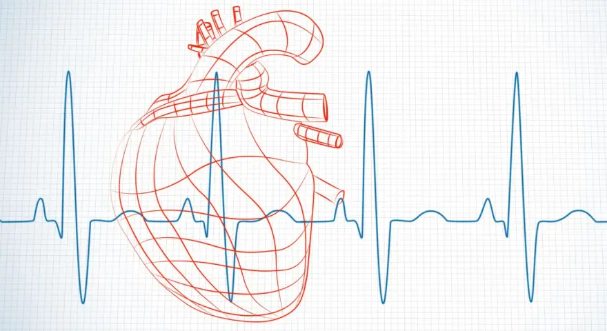 Czerwony, schematyczny zarys serca na tle wykresu EKG. Analiza HRV, czyli zmienności rytmu serca, pokazuje jego kondycję.