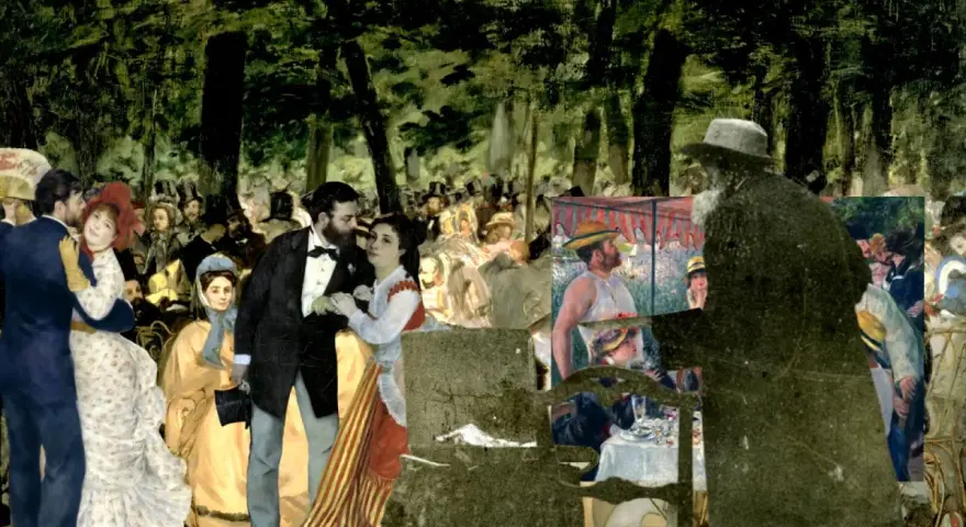 Collage d'œuvres impressionnistes, dont une scène de danse et des convives, évoquant une analyse du Bal du Moulin de la Galette.