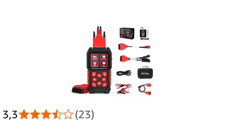 Strumento diagnostico moto per test regolatore di tensione, con cavi e accessori inclusi.