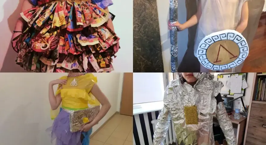 Kreatywny strój z recyklingu dla dziewczynki: falbaniasta spódnica z opakowań, strój greckiego wojownika, sukienka z folii i strój kosmiczny.