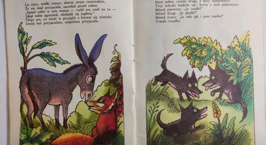 Ilustracje do bajek Krasickiego: lis i osioł, oraz trzy kłócące się wilczki.