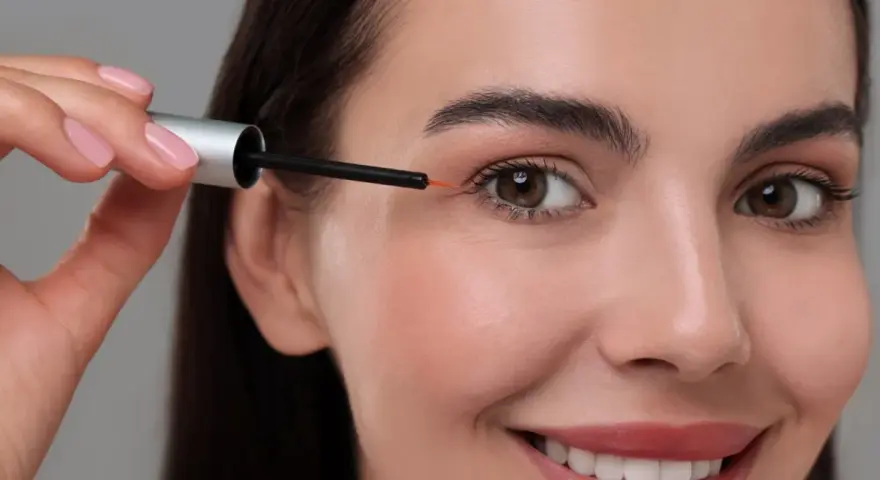 Kobieta aplikuje serum z bimatoprost na brwi, by uzyskać gęstszy efekt.
