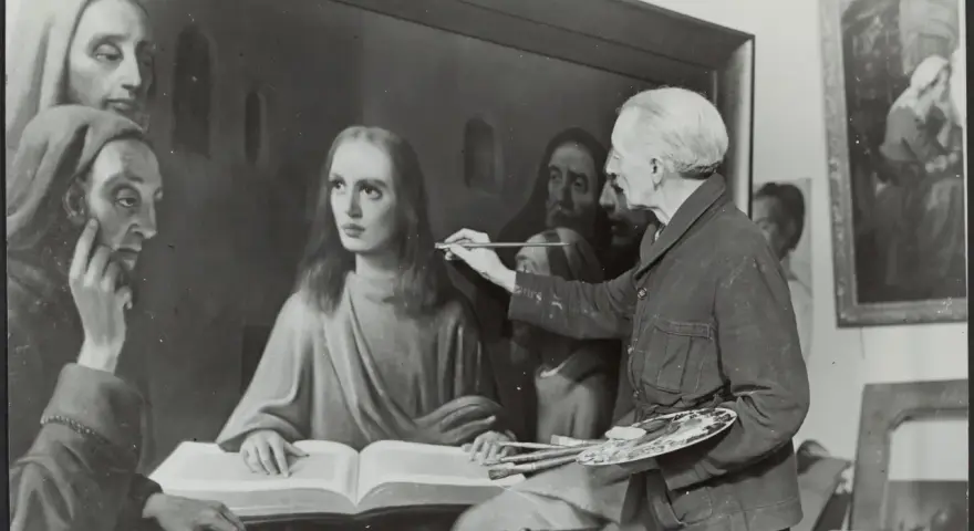 Giuliano Ruffini, artiste peintre, retouche une toile représentant des figures religieuses. Il tient pinceaux et palette.