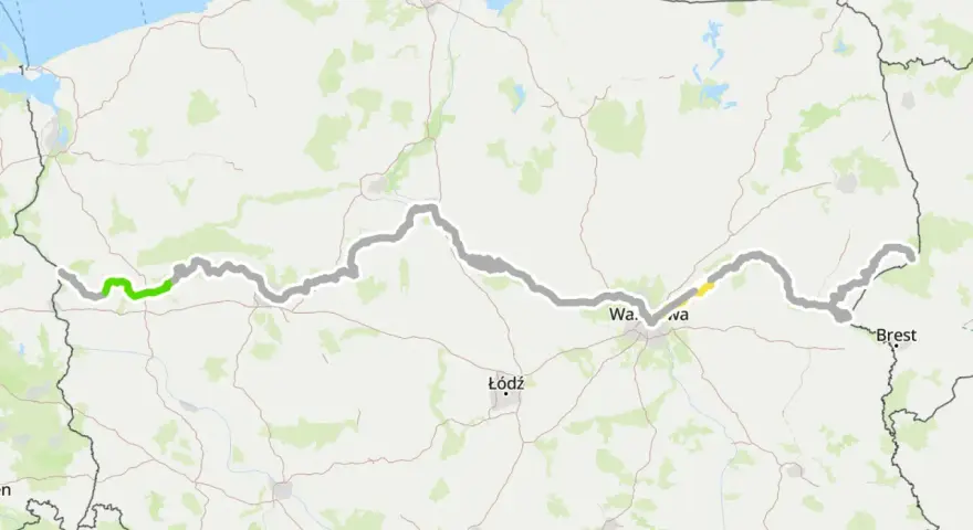 Mapa trasy rowerowej EuroVelo Polska, biegnącej przez Gdańsk, Warszawę i Łódź.