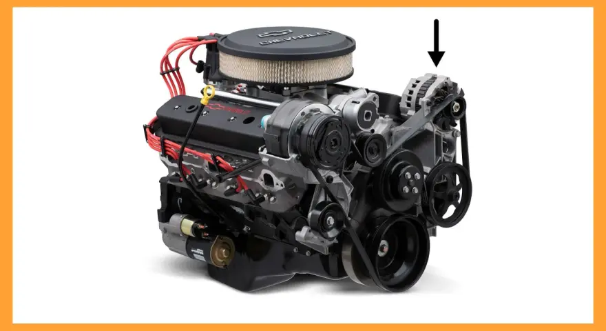 Chevrolet V8 engine with an alternator (arrow pointing). Wondering how long does an alternator last? This component is key to your car's electrical system.