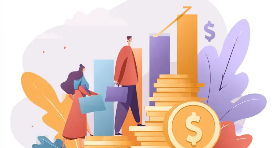 Personas subiendo escaleras de monedas, simbolizando el **autofinanciación de mantenimiento** y el crecimiento financiero.