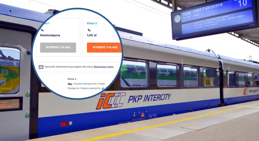 Pociąg PKP Intercity na peronie, z widocznym panelem wyboru klasy biletu (1 zł za klasę 2).