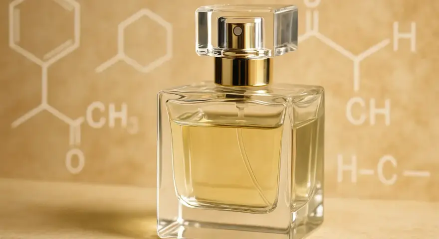 Elegancka butelka perfum na tle wzorów chemicznych, sugerujących aldehydy perfumy.