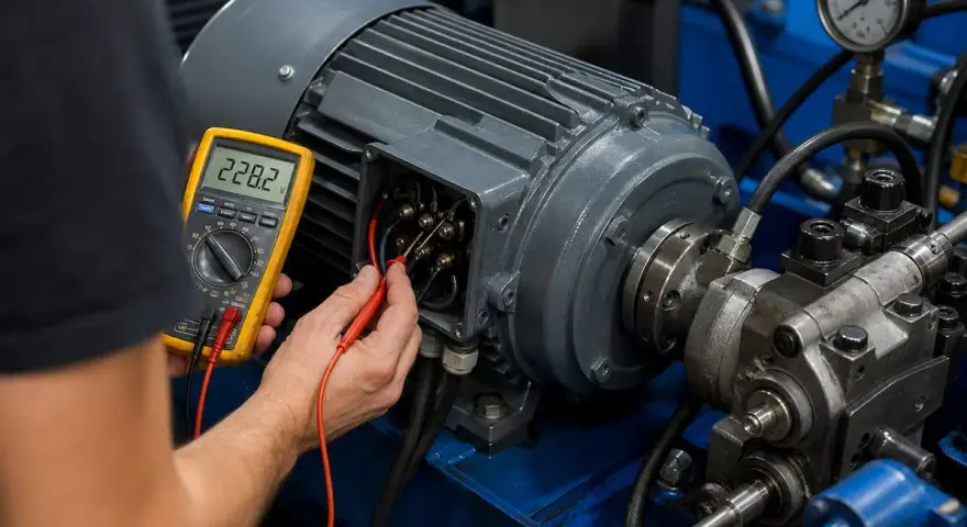 Elektryk sprawdza silnik do łuparki za pomocą multimetru. Urządzenie pokazuje 228.2V.