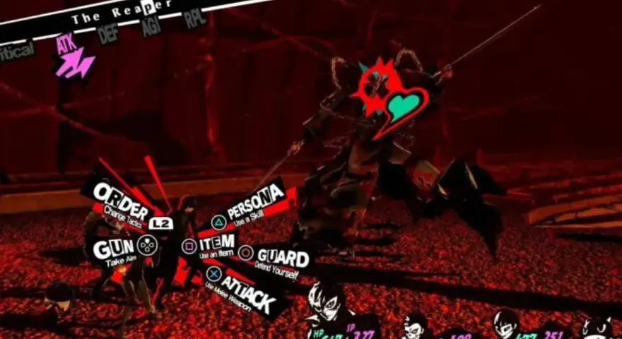 El segador de Persona 5 Royal se enfrenta a los Phantom Thieves. El combate es intenso, con opciones de ataque, persona, objeto, orden y defensa.