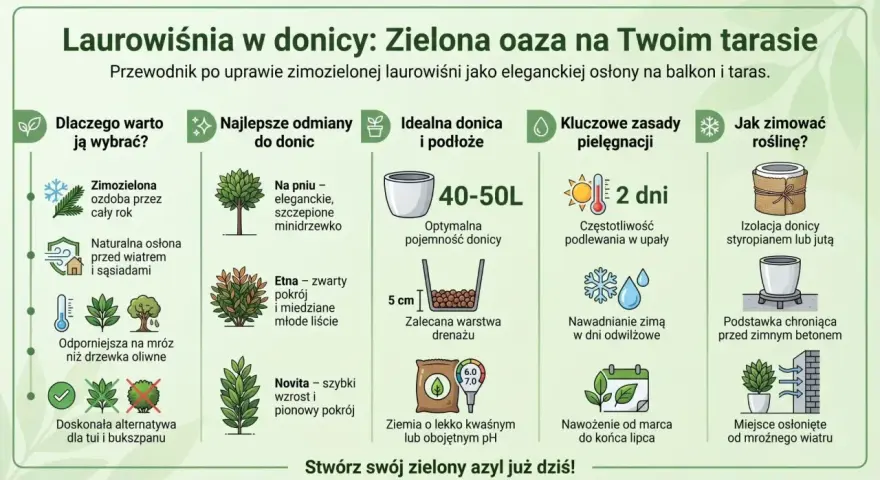 Laurowiśnia w donicy na tarasie: zimozielona ozdoba, osłona przed wiatrem i sąsiadami. Przewodnik po uprawie.