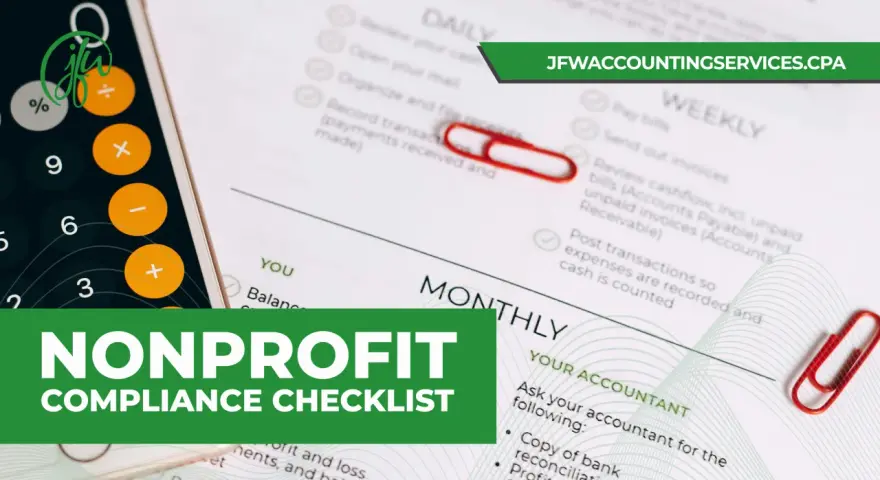 A calculator and a checklist for nonprofit compliance, featuring daily, weekly, and monthly tasks.