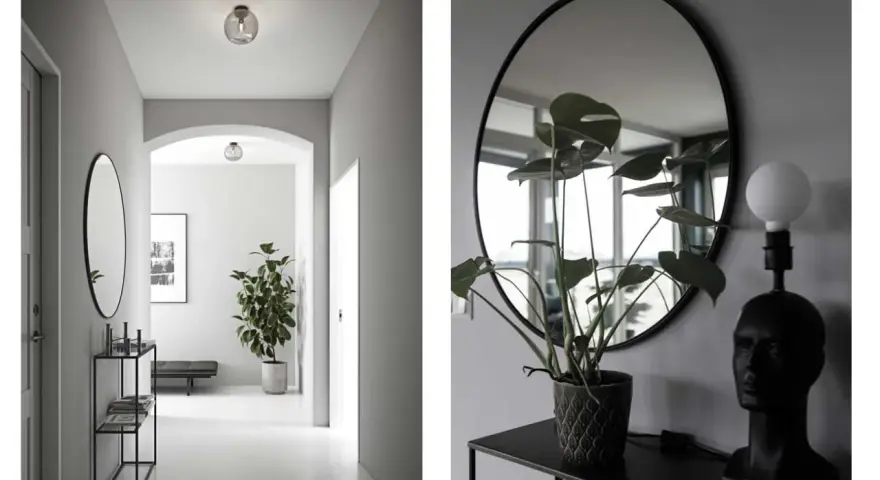Snygg spegel hall inspiration med en stor rund spegel, en Monstera-växt och en unik lampa.