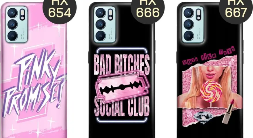 Trzy etui na telefon Oppo Reno 6 5G z różnymi wzorami: różowe z napisem "Pink Promise", czarne z napisem "Bad Bitches Social Club" i czarne z wizerunkiem dziewczyny i napisem "Boys like Toys".