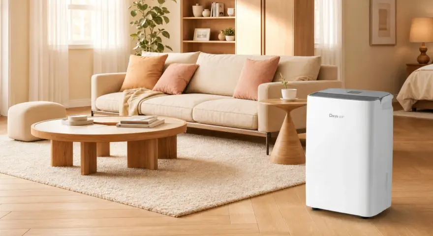 Un deumidificatore bianco Deye in un soggiorno moderno, ideale per capire come impostare il deumidificatore in estate e mantenere l'aria fresca.