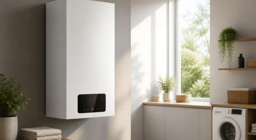 Caldaia a condensazione o tradizionale, bianca, montata a parete in un ambiente moderno con lavatrice e finestra luminosa.