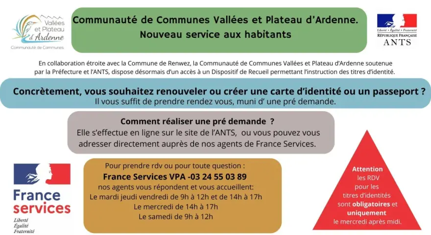 Communauté de Communes Vallées et Plateau d'Ardenne : nouveau service pour vos titres d'identité. Prise de RDV obligatoire le mercredi après-midi. État civil 08.