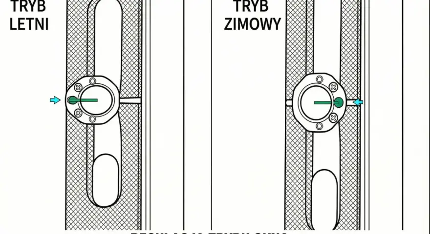 Ilustracja pokazuje, jak regulować okna plastikowe. Po lewej "tryb letni", po prawej "tryb zimowy".