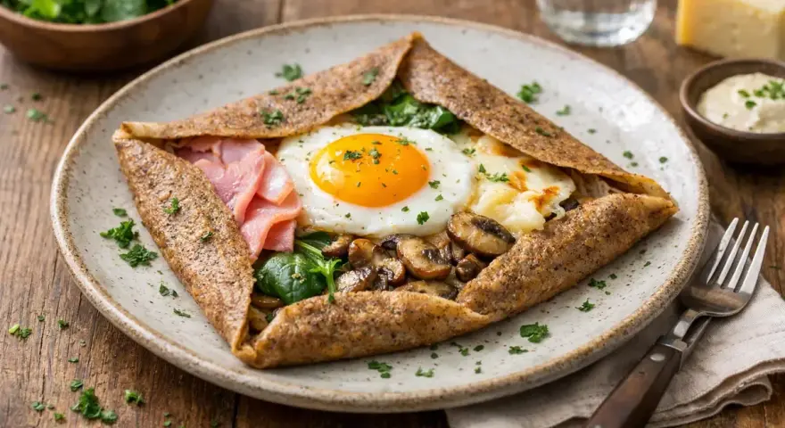 Une galette garnie d'un œuf au plat, de jambon, de champignons et d'épinards. Un délice de crêpes salées !