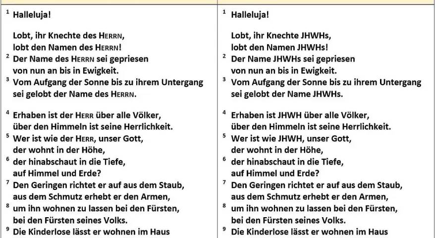 Zwei Bibelübersetzungen von Psalm 113. Die Bedeutung von "Halleluja" wird durch Lobpreis des Herrn und JHWHs verdeutlicht.