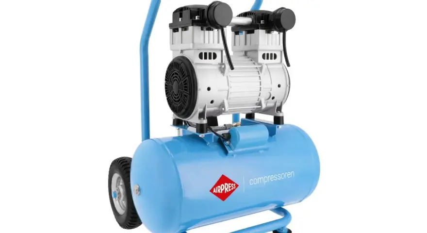 Niebieski kompresor z uchwytem i kółkami. Logo AIRPRESS i napis "compressoren" sugerują, że to firma produkująca sprężarki.