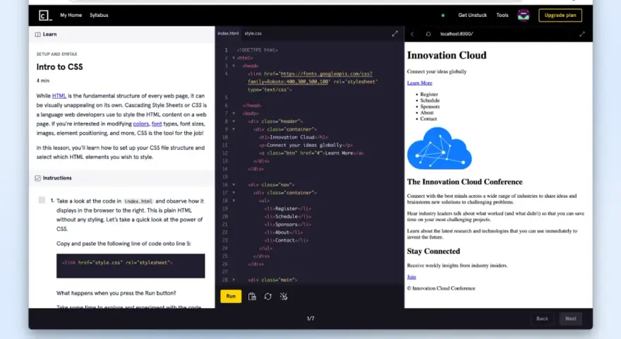 Aprende qué es CSS y cómo estiliza el contenido web. El código muestra un ejemplo de HTML y la línea para enlazar un archivo CSS.
