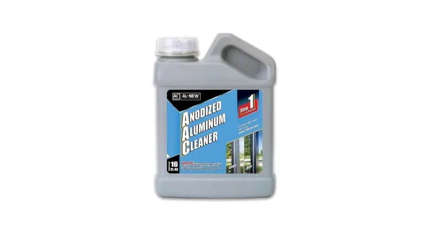 A bottle of AL-NEW Anodized Aluminum Cleaner, showing how to clean aluminum to restore its shine.
