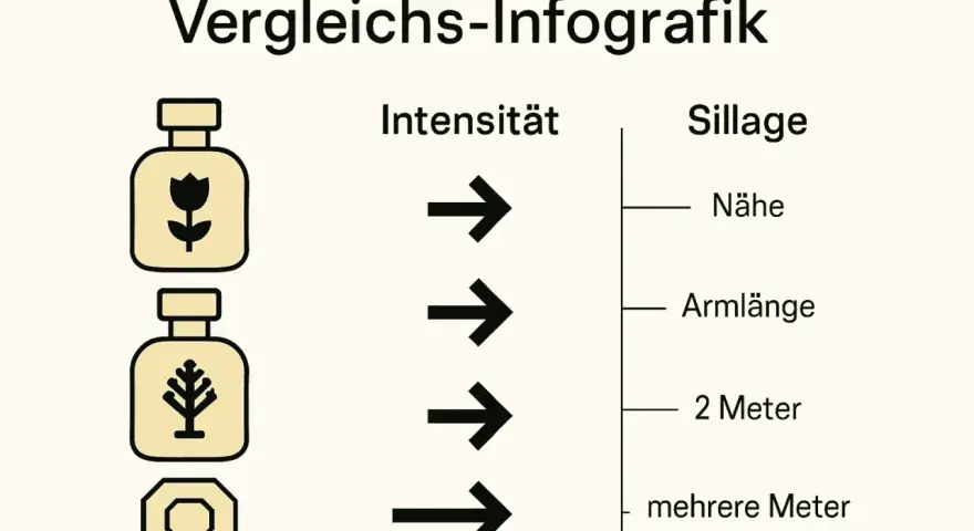 Infografik mit Parfumflaschen, Pfeilen für Intensität und Skala für Sillage (Nähe, Armlänge, 2 Meter, mehrere Meter).