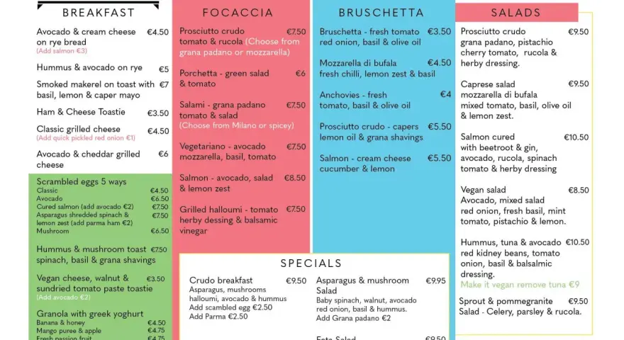 Menu z Maltą: śniadania, focaccie, bruschetty, sałatki i specjale. Ceny od €3.50.