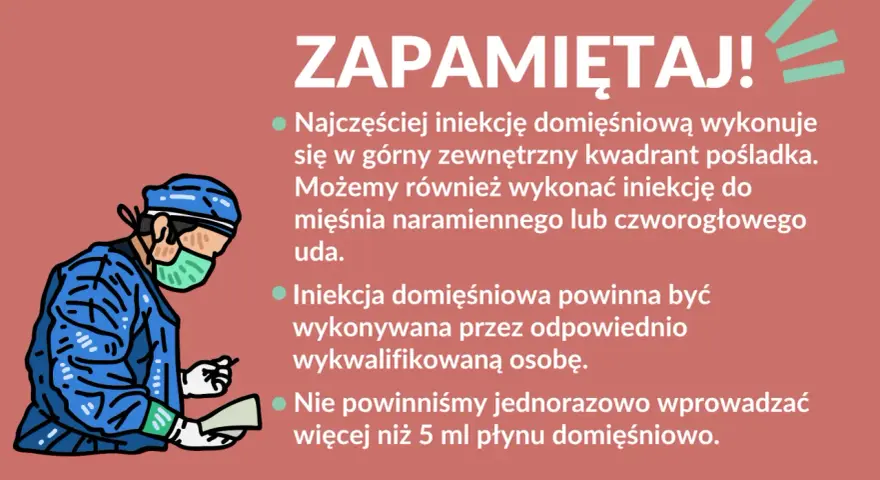 Lekarz w niebieskim fartuchu i masce przygotowuje zastrzyk w pośladek. Pamiętaj o prawidłowym miejscu podania!