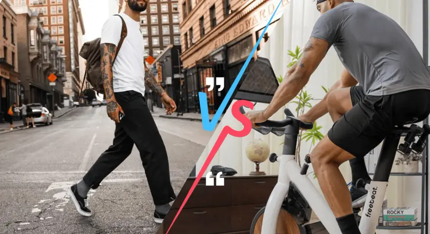 Man walking on city street vs man riding a stationary bike.