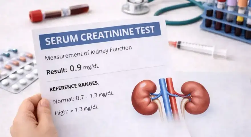 Wynik badania kreatynina w surowicy 0.9 mg/dL, wskazujący na prawidłową funkcję nerek. Obok wyniki badań, strzykawka, leki i stetoskop.