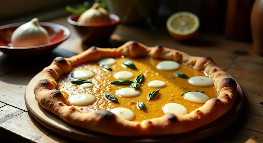 Apetyczna pizza bianca z pomarańczowym sosem, białymi kropkami sera i listkami bazylii, na drewnianym blacie.