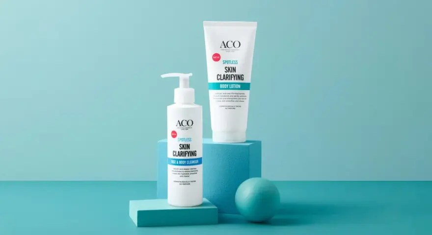 ACO Spotless Skin Clarifying Face & Body Cleanser och Body Lotion. Hjälper mot finnar på kroppen för en klarare hud.