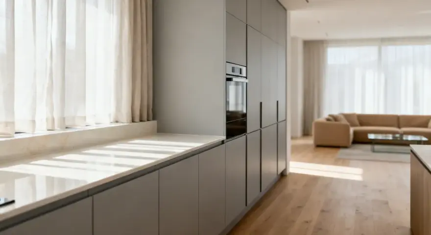 Cocina moderna con armarios grises y una encimera de mármol clara. La luz del sol entra por las cortinas blancas, iluminando el espacio.