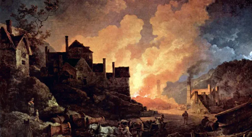 Un paisaje industrial con humo y fuego, que evoca **qué es la revolución industrial**. Casas y carretas con caballos completan la escena.