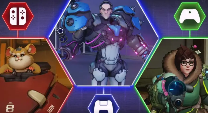 Overwatch 2 crossplay łączy graczy z różnych platform. Na obrazie widzimy Winstona, Me i Reinhardta, symbolizujących tę funkcję.